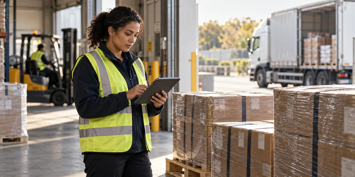 Illustrative receiving dock scene with a coordinator reviewing shipment details